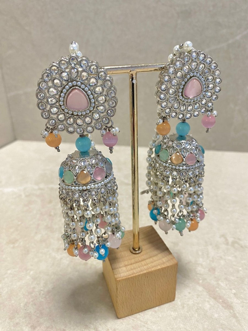SLIGHTLY IMPERFECT: Silver & Pastel Multicolour Jhumka Earrings - Pink - SOKORA JEWELSSLIGHTLY IMPERFECT: Silver & Pastel Multicolour Jhumka Earrings - Pink