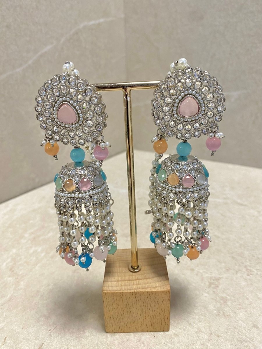SLIGHTLY IMPERFECT: Silver & Pastel Multicolour Jhumka Earrings - Pink - SOKORA JEWELSSLIGHTLY IMPERFECT: Silver & Pastel Multicolour Jhumka Earrings - Pink