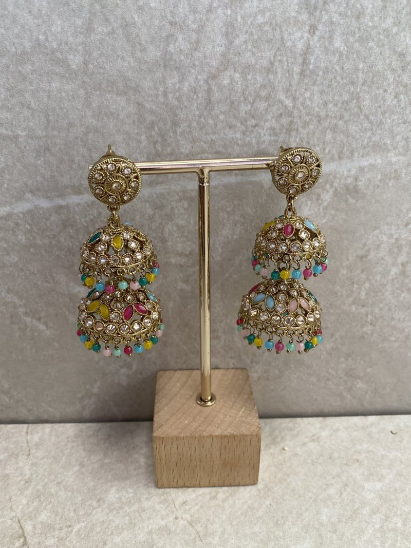 (Slightly Imperfect) Tiered Jhumka Earrings - Multicolour - SOKORA JEWELS(Slightly Imperfect) Tiered Jhumka Earrings - Multicolour
