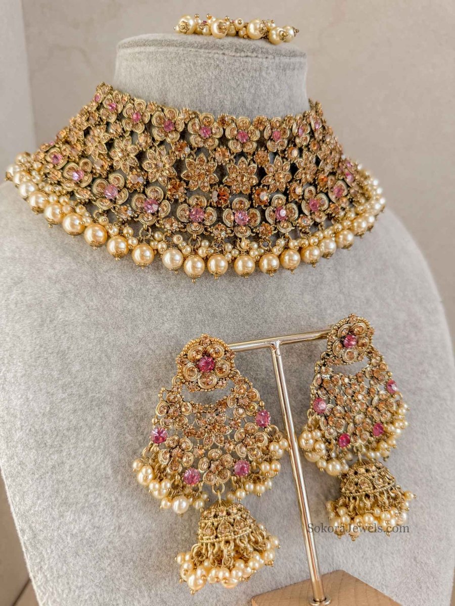 SLIGHTLY IMPERFECT: Ziba Bridal set in Pink - SOKORA JEWELSSLIGHTLY IMPERFECT: Ziba Bridal set in Pink