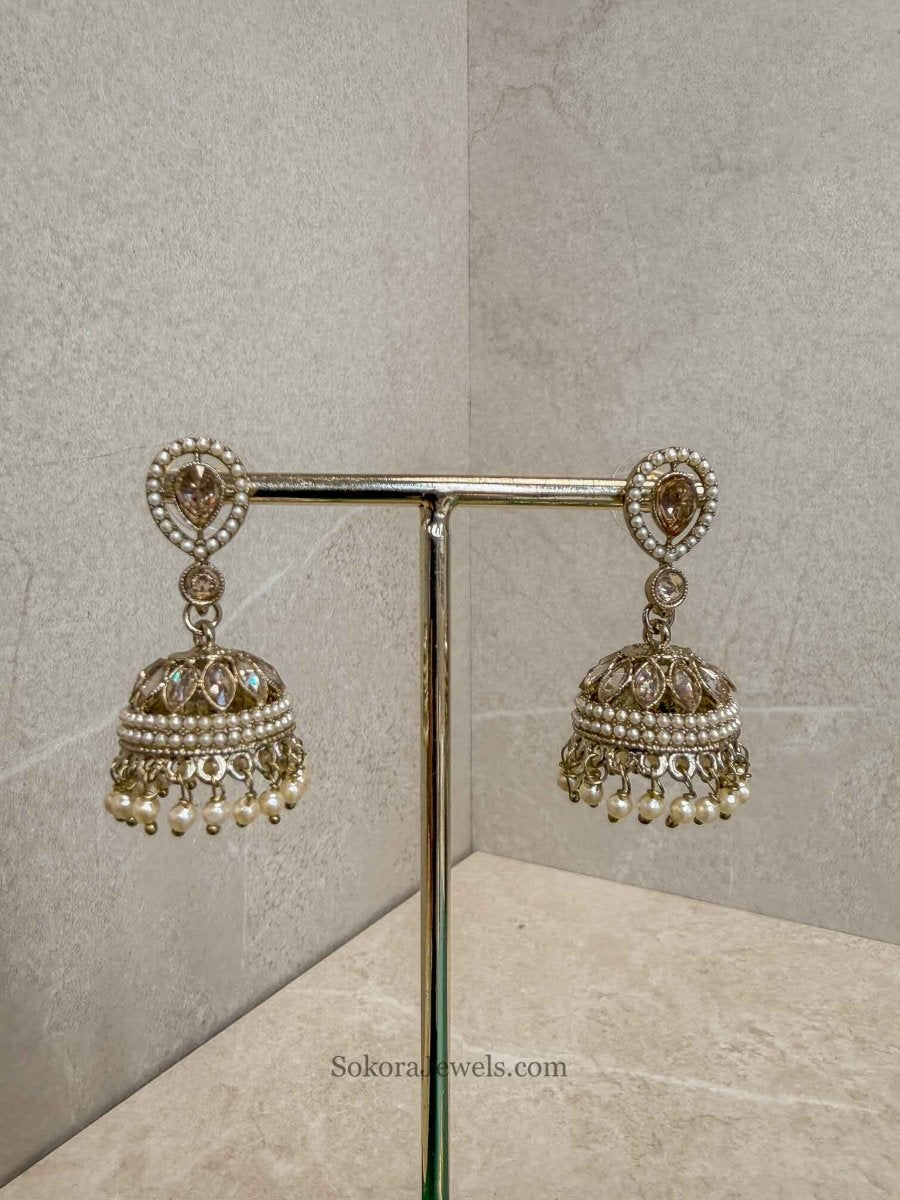 Small Antique Gold Champagne Jhumka Earrings - SOKORA JEWELSSmall Antique Gold Champagne Jhumka Earrings