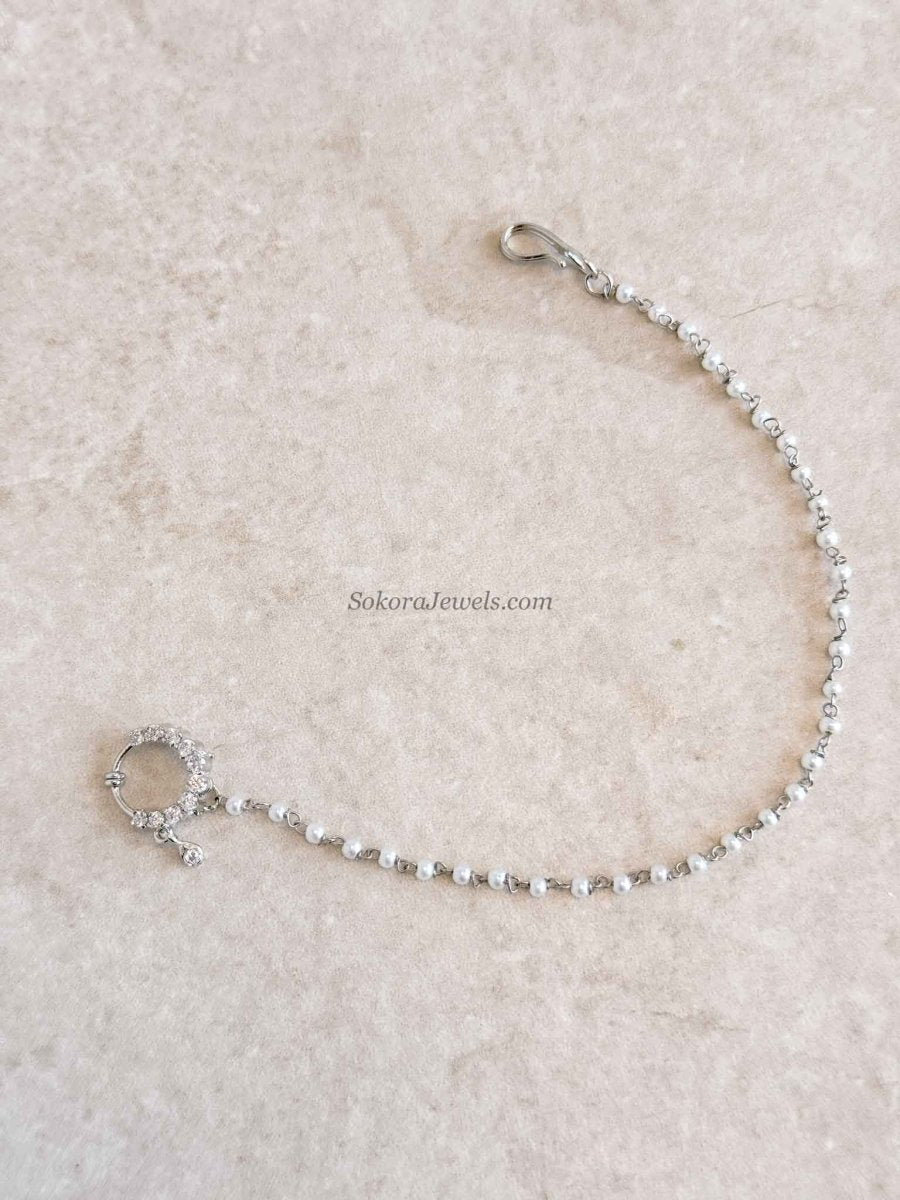 Small Clip on Silver Nath With Pearl chain - SOKORA JEWELSSmall Clip on Silver Nath With Pearl chain