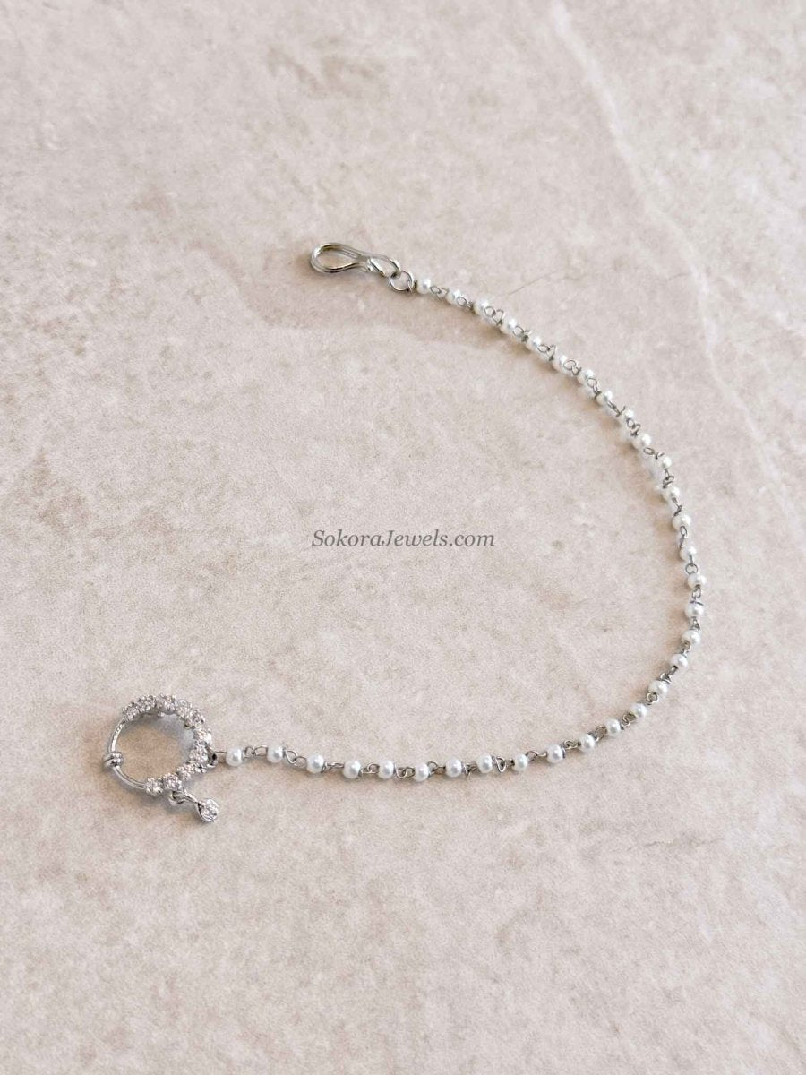 Small Clip on Silver Nath With Pearl chain - SOKORA JEWELSSmall Clip on Silver Nath With Pearl chain