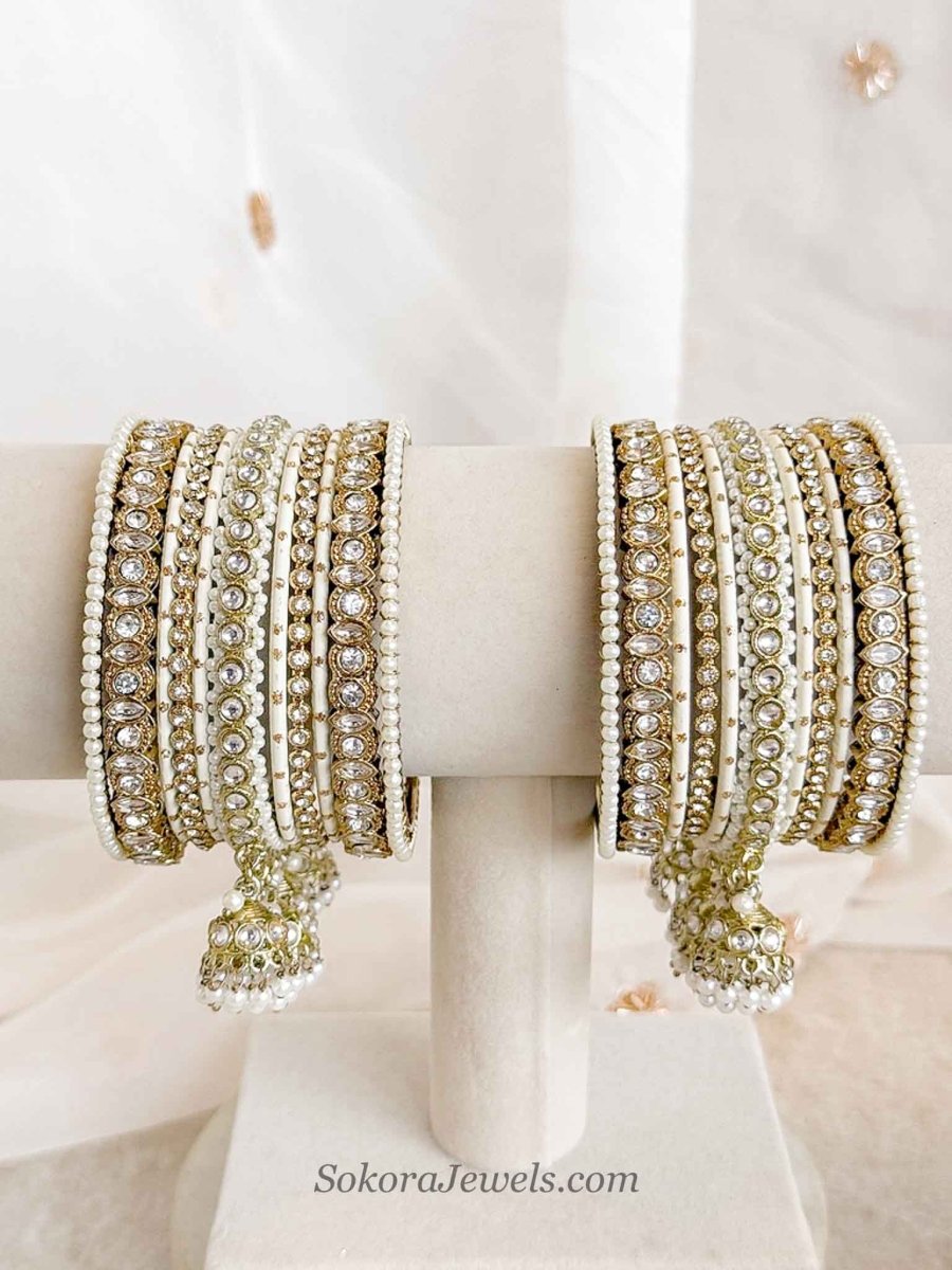 Small Cream Bridal Bangle Set with Jhumka Bangles - SOKORA JEWELSSmall Cream Bridal Bangle Set with Jhumka BanglesBANGLES