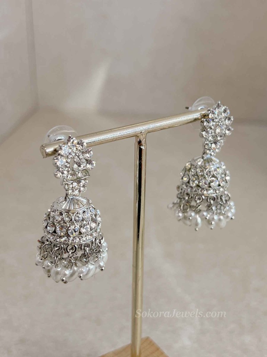 Small Crystal Silver Jhumka Earrings - SOKORA JEWELSSmall Crystal Silver Jhumka Earrings