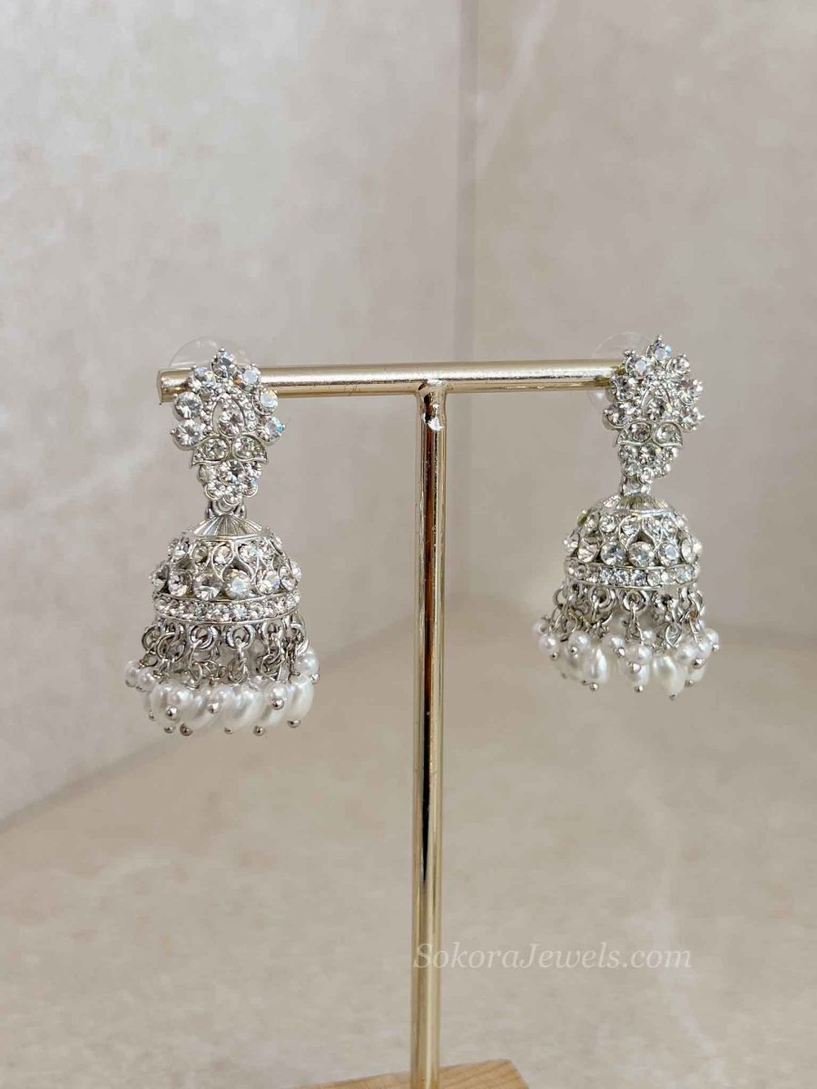 Small Crystal Silver Jhumka Earrings - SOKORA JEWELSSmall Crystal Silver Jhumka Earrings