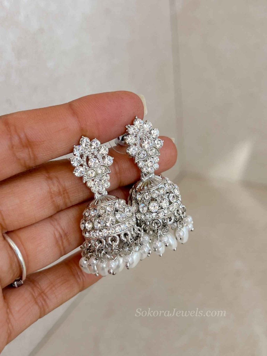 Small Crystal Silver Jhumka Earrings - SOKORA JEWELSSmall Crystal Silver Jhumka Earrings