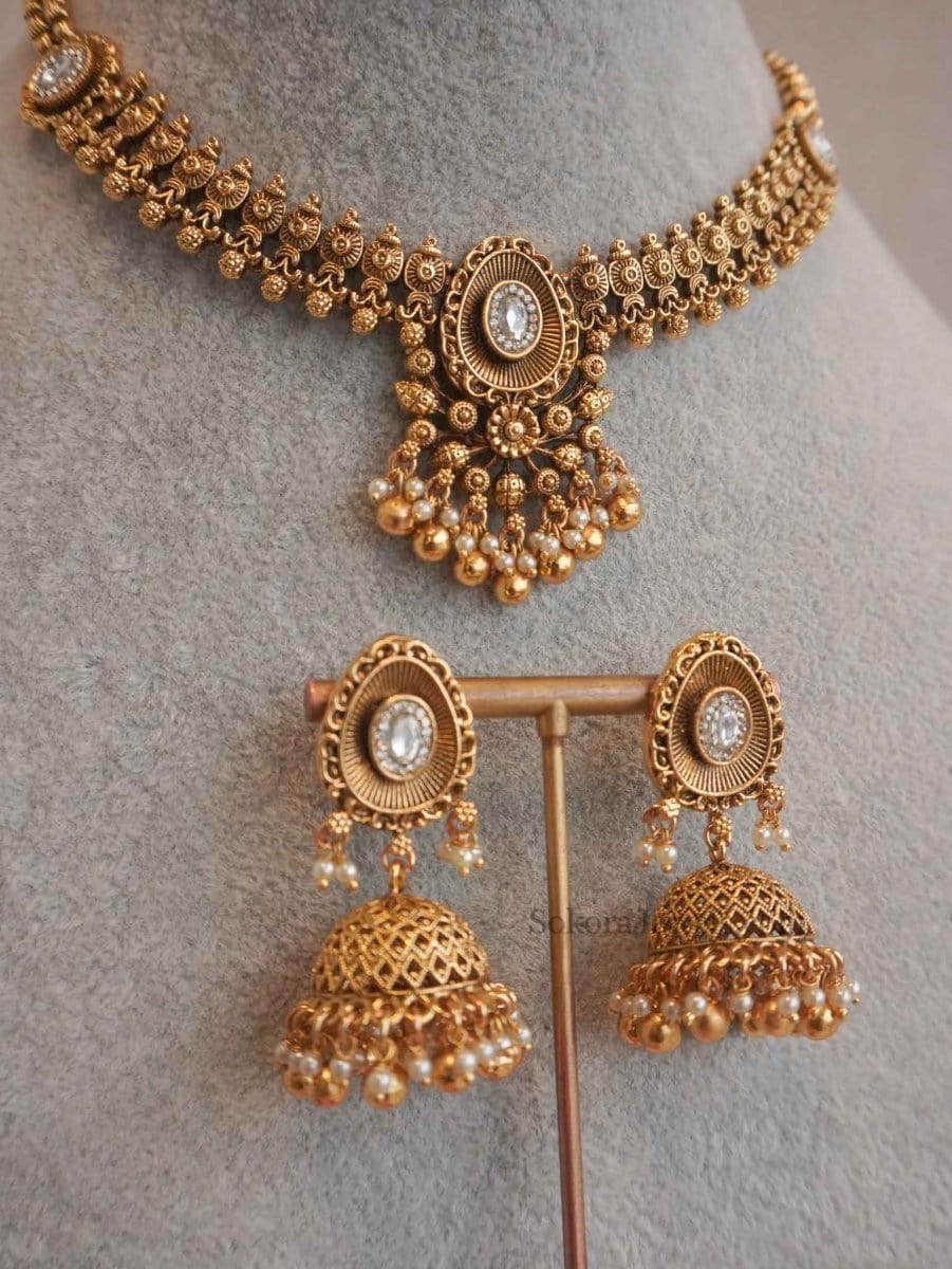 Small Kundan Necklace & Jhumka Set - SOKORA JEWELSSmall Kundan Necklace & Jhumka Set