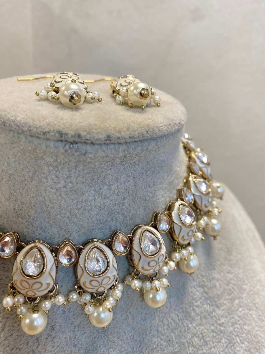 Small Meenakari Necklace Set - White - SOKORA JEWELSSmall Meenakari Necklace Set - WhiteChoker Sets