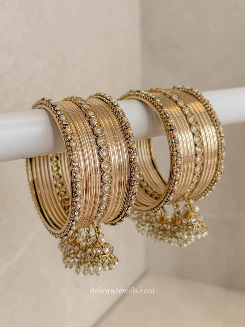 Small Shiney Gold Bangle Set with Jhumkas - SOKORA JEWELSSmall Shiney Gold Bangle Set with JhumkasBANGLES