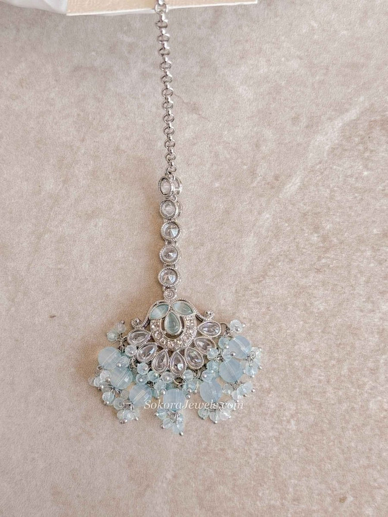 Small Silver & Blue Fan Shape Tikka - SOKORA JEWELSSmall Silver & Blue Fan Shape Tikka