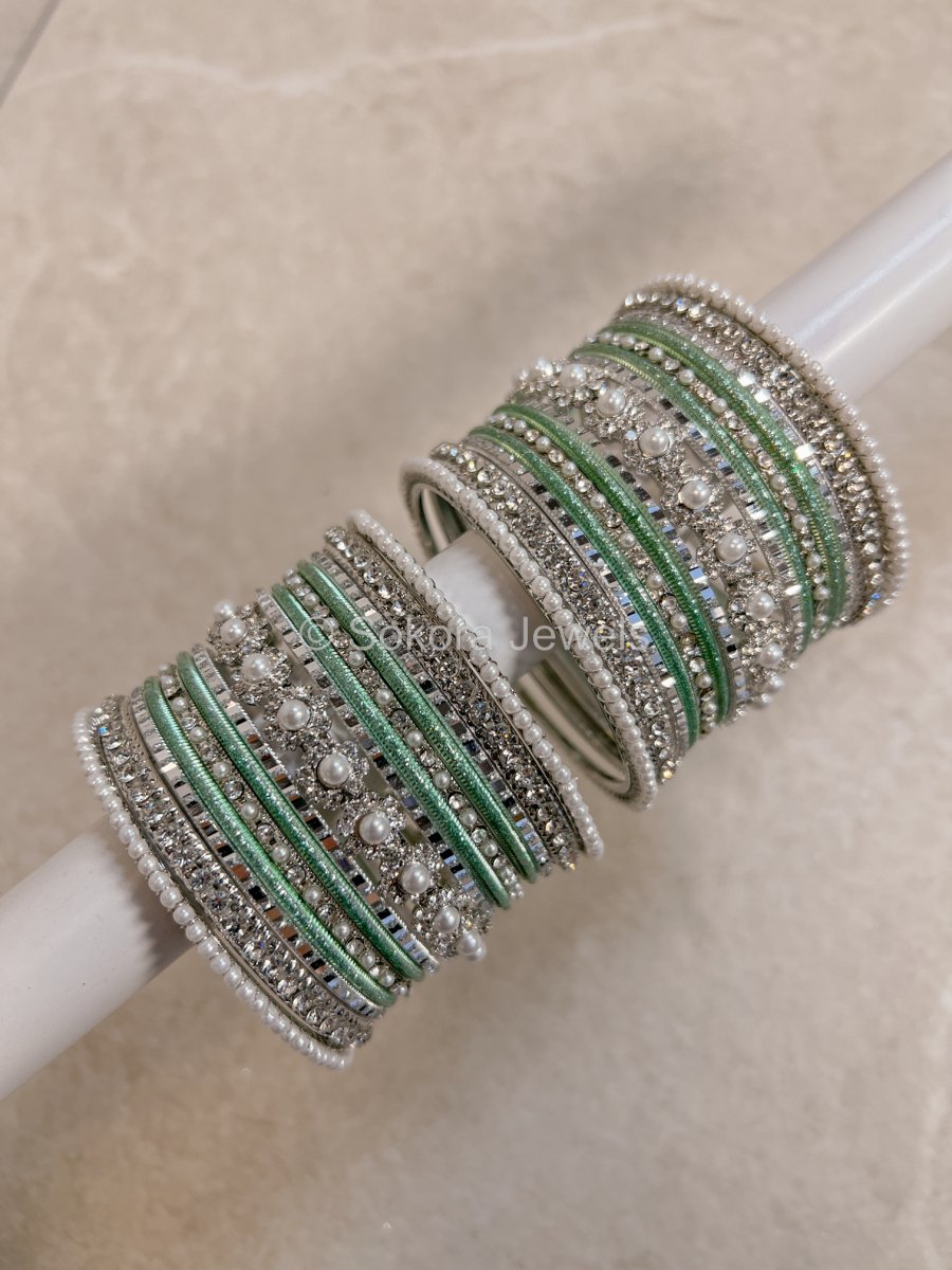 Small Silver & Mint Daisy Bangle set - SOKORA JEWELSSmall Silver & Mint Daisy Bangle setBANGLES