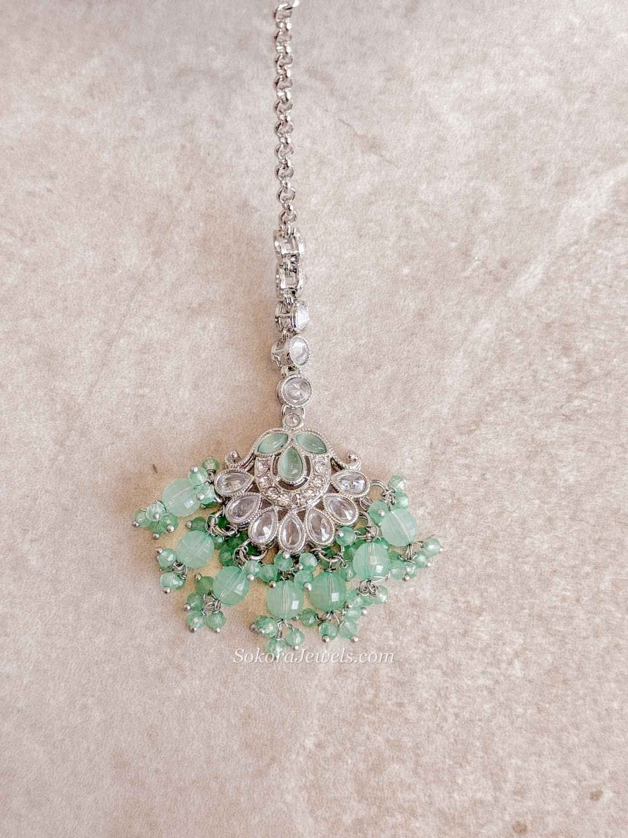 Small Silver & Mint Fan Shape Tikka - SOKORA JEWELSSmall Silver & Mint Fan Shape Tikka