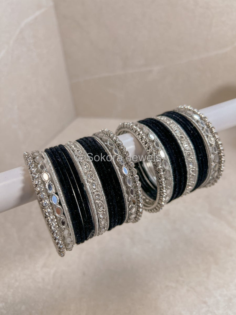 Small Velvet Bangle Set - Black & Silver - SOKORA JEWELSSmall Velvet Bangle Set - Black & SilverBANGLES