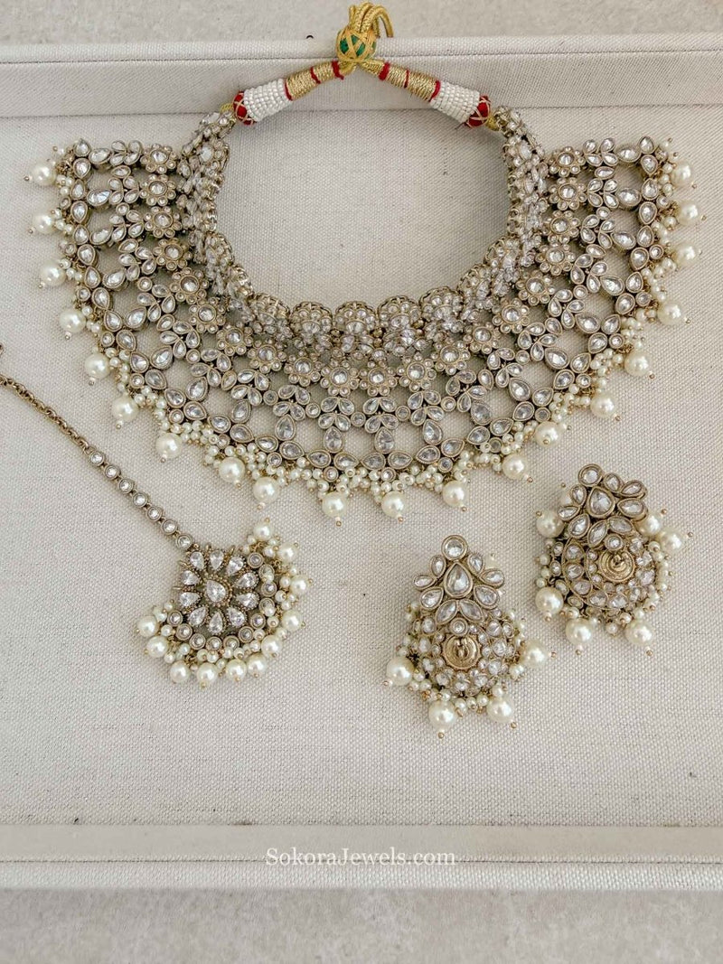 Sonam Antique Gold Bridal Necklace set with Jhumkas & Tikka - SOKORA JEWELSSonam Antique Gold Bridal Necklace set with Jhumkas & Tikka