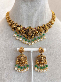 South Indian Temple Lakshmi Necklace Set - SOKORA JEWELSSouth Indian Temple Lakshmi Necklace Set