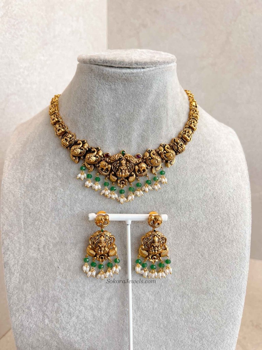 South Indian Temple Lakshmi Necklace Set - SOKORA JEWELSSouth Indian Temple Lakshmi Necklace Set