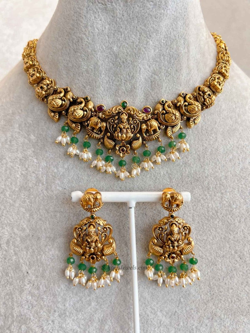 South Indian Temple Lakshmi Necklace Set - SOKORA JEWELSSouth Indian Temple Lakshmi Necklace Set