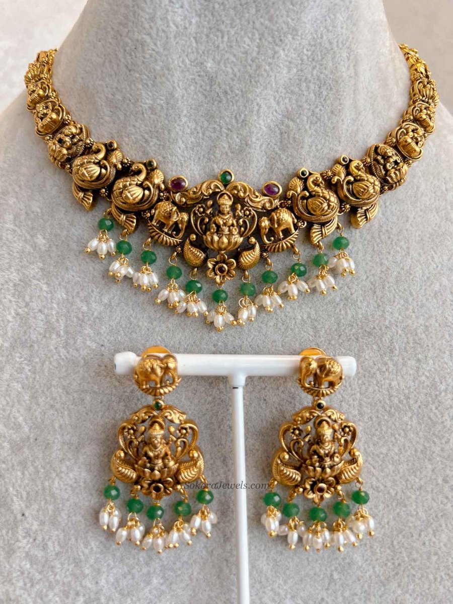 South Indian Temple Lakshmi Necklace Set - SOKORA JEWELSSouth Indian Temple Lakshmi Necklace Set
