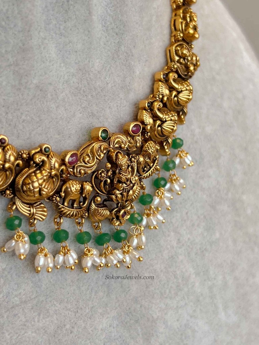 South Indian Temple Lakshmi Necklace Set - SOKORA JEWELSSouth Indian Temple Lakshmi Necklace Set