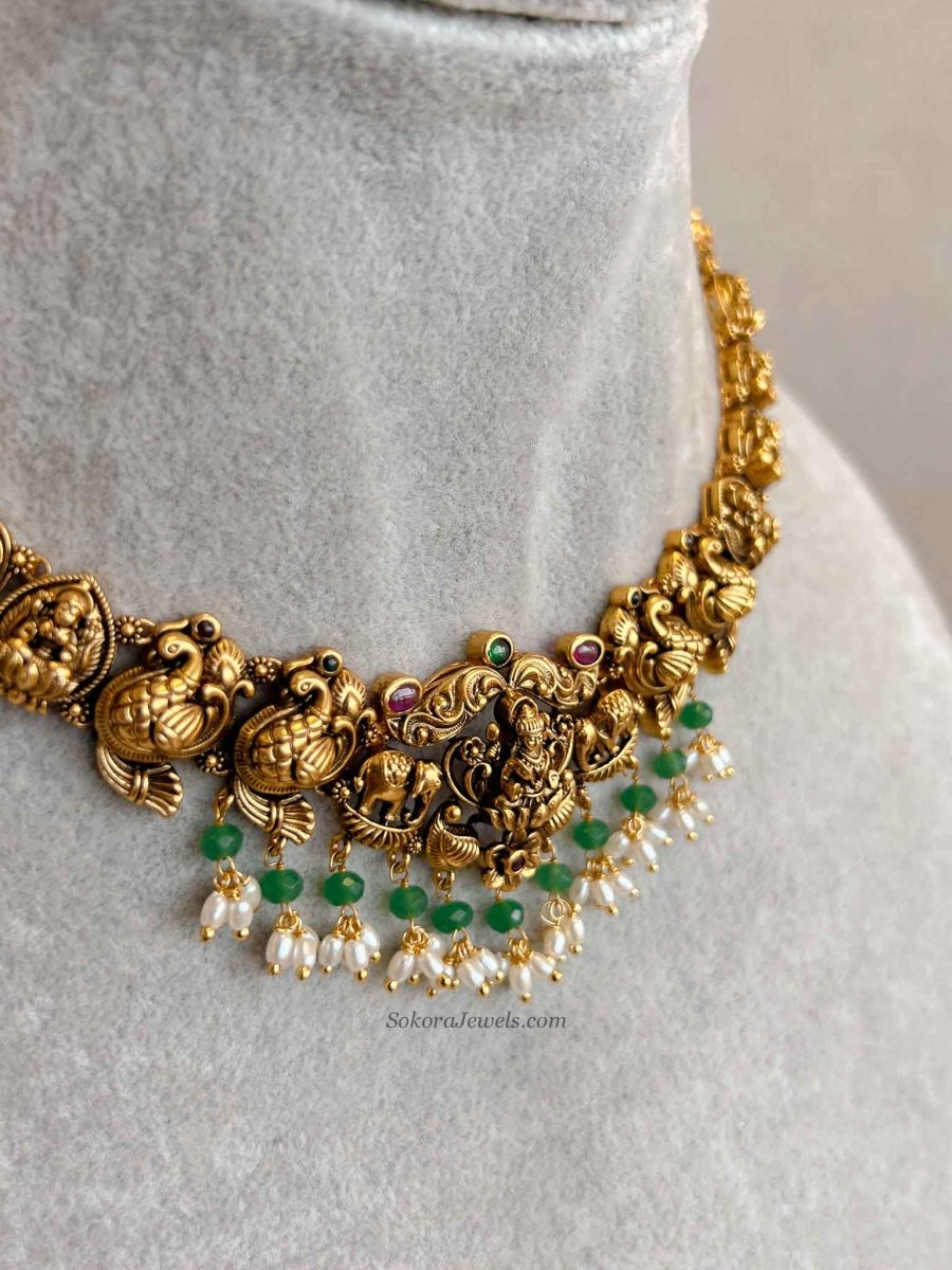 South Indian Temple Lakshmi Necklace Set - SOKORA JEWELSSouth Indian Temple Lakshmi Necklace Set