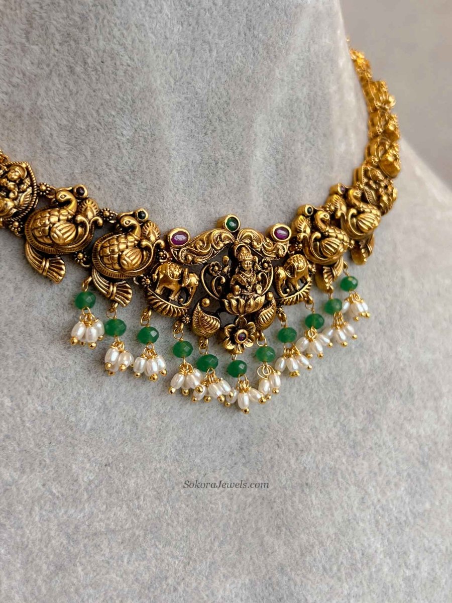 South Indian Temple Lakshmi Necklace Set - SOKORA JEWELSSouth Indian Temple Lakshmi Necklace Set