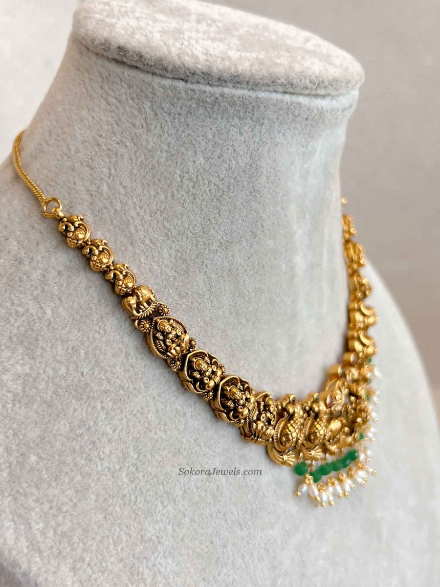 South Indian Temple Lakshmi Necklace Set - SOKORA JEWELSSouth Indian Temple Lakshmi Necklace Set