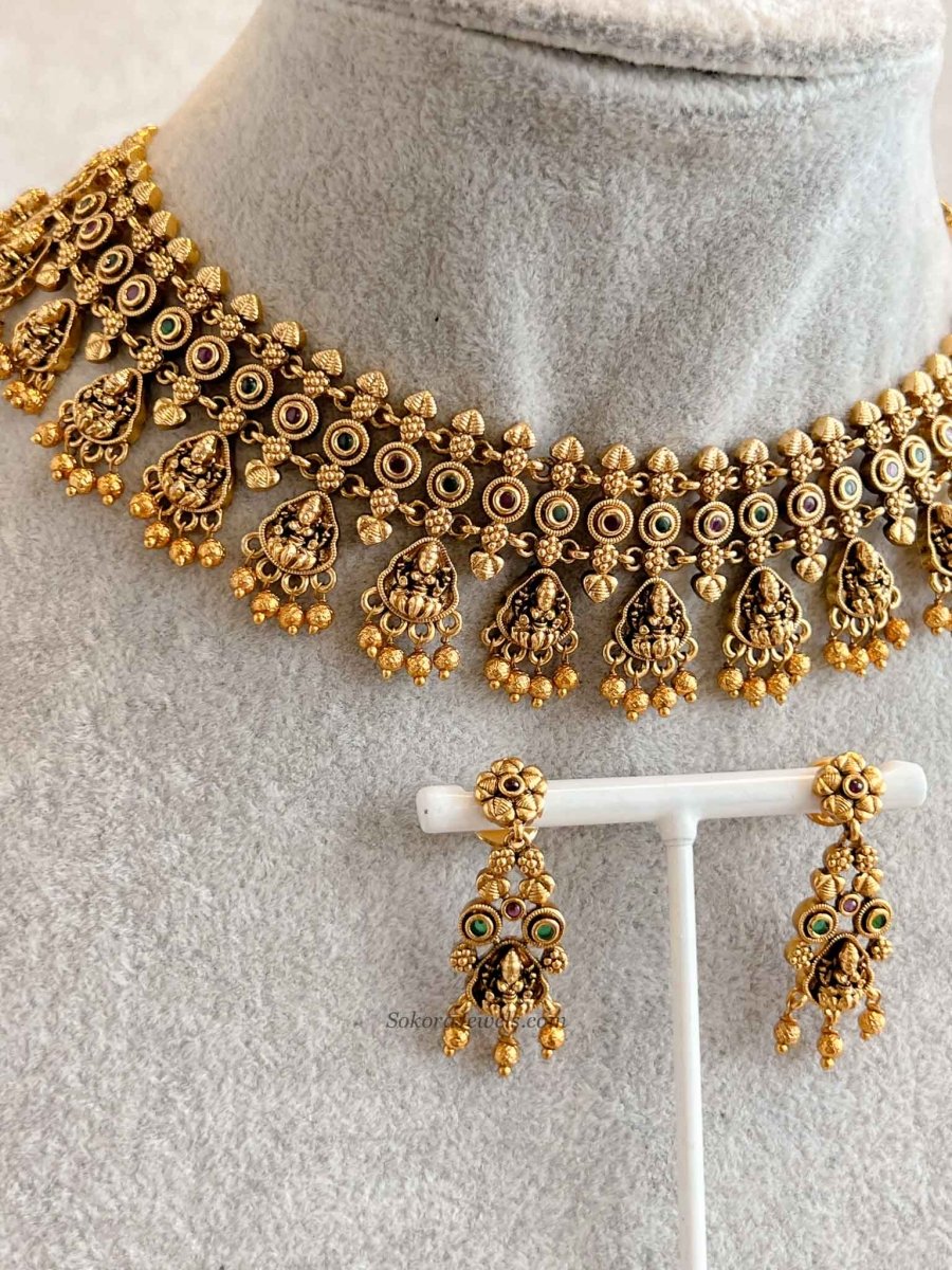 South Indian Temple Lakshmi Necklace Set with Gold Balls - SOKORA JEWELSSouth Indian Temple Lakshmi Necklace Set with Gold Balls
