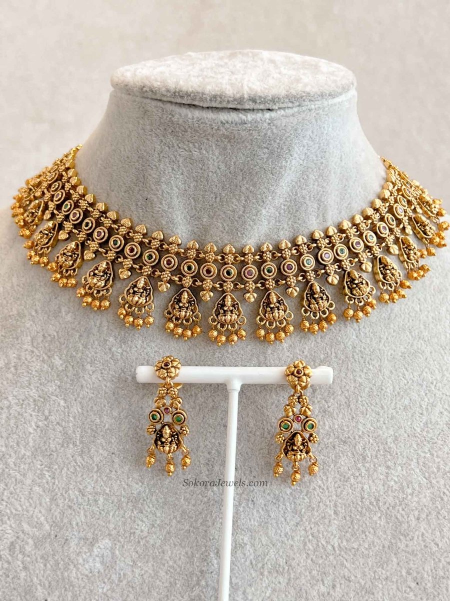 South Indian Temple Lakshmi Necklace Set with Gold Balls - SOKORA JEWELSSouth Indian Temple Lakshmi Necklace Set with Gold Balls