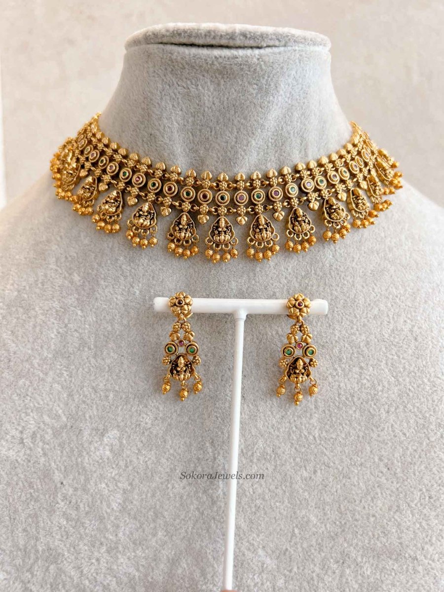 South Indian Temple Lakshmi Necklace Set with Gold Balls - SOKORA JEWELSSouth Indian Temple Lakshmi Necklace Set with Gold Balls