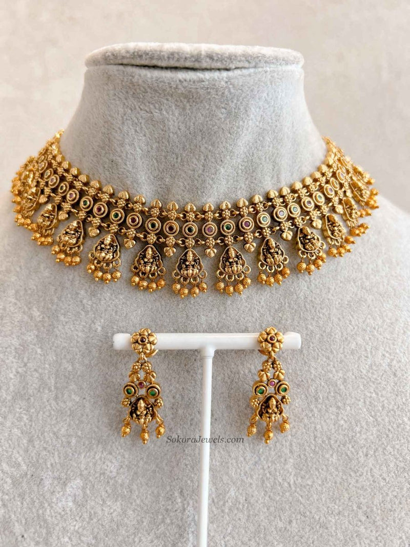 South Indian Temple Lakshmi Necklace Set with Gold Balls - SOKORA JEWELSSouth Indian Temple Lakshmi Necklace Set with Gold Balls