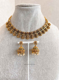 South Indian Temple Lakshmi Necklace Set with Jhumka Earring - SOKORA JEWELSSouth Indian Temple Lakshmi Necklace Set with Jhumka Earring