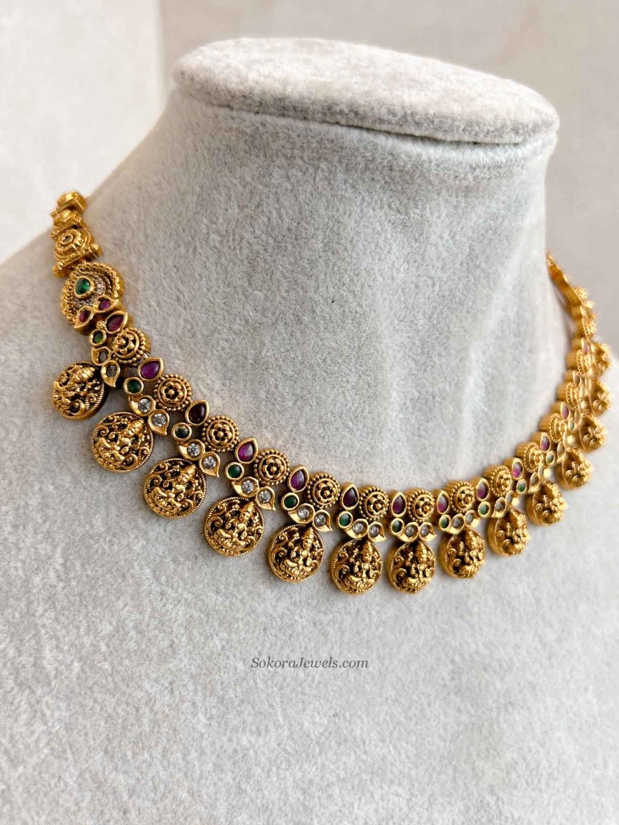 South Indian Temple Lakshmi Necklace Set with Jhumka Earring - SOKORA JEWELSSouth Indian Temple Lakshmi Necklace Set with Jhumka Earring