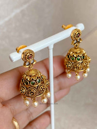 South Indian Temple Lakshmi Necklace Set with Jhumka Earring - SOKORA JEWELSSouth Indian Temple Lakshmi Necklace Set with Jhumka Earring