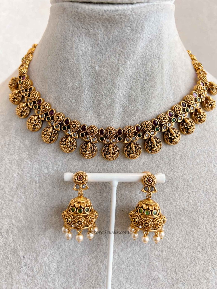 South Indian Temple Lakshmi Necklace Set with Jhumka Earring - SOKORA JEWELSSouth Indian Temple Lakshmi Necklace Set with Jhumka Earring