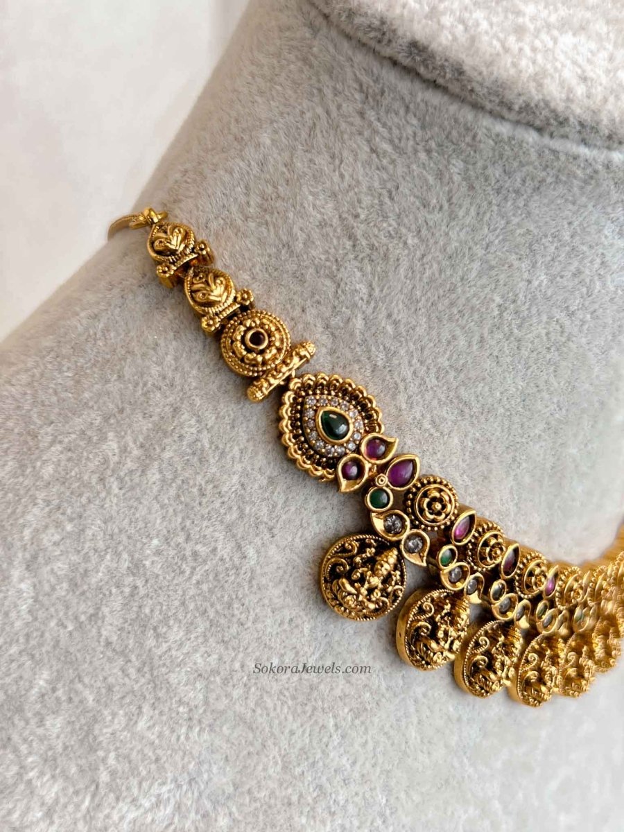 South Indian Temple Lakshmi Necklace Set with Jhumka Earring - SOKORA JEWELSSouth Indian Temple Lakshmi Necklace Set with Jhumka Earring