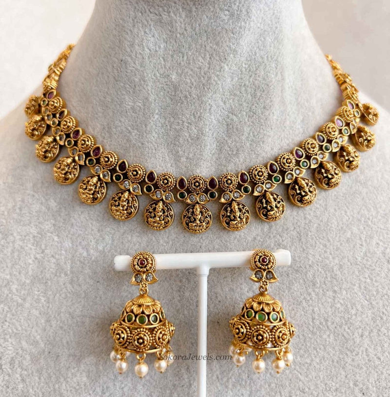 South Indian Temple Lakshmi Necklace Set with Jhumka Earring - SOKORA JEWELSSouth Indian Temple Lakshmi Necklace Set with Jhumka Earring
