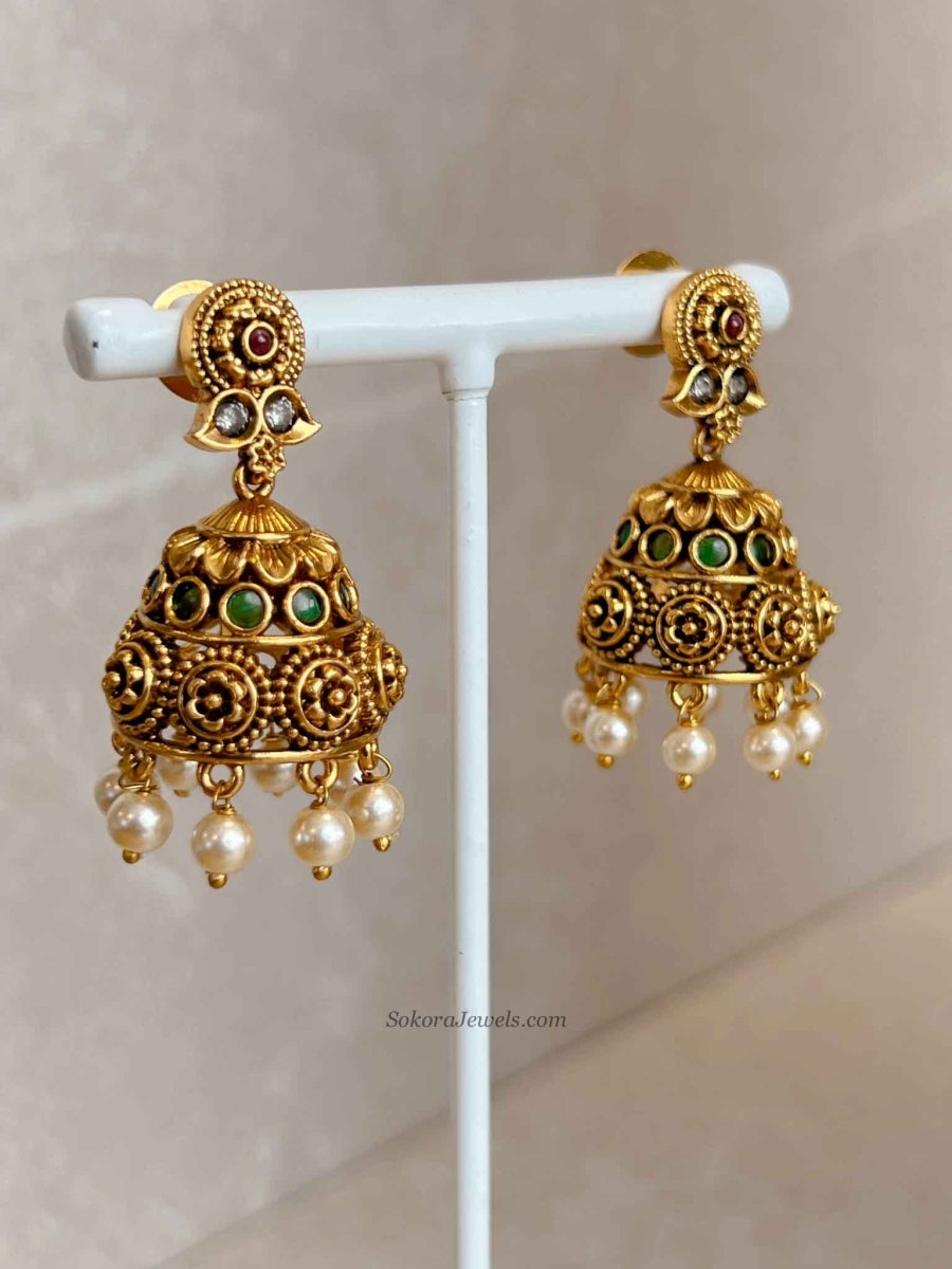 South Indian Temple Lakshmi Necklace Set with Jhumka Earring - SOKORA JEWELSSouth Indian Temple Lakshmi Necklace Set with Jhumka Earring