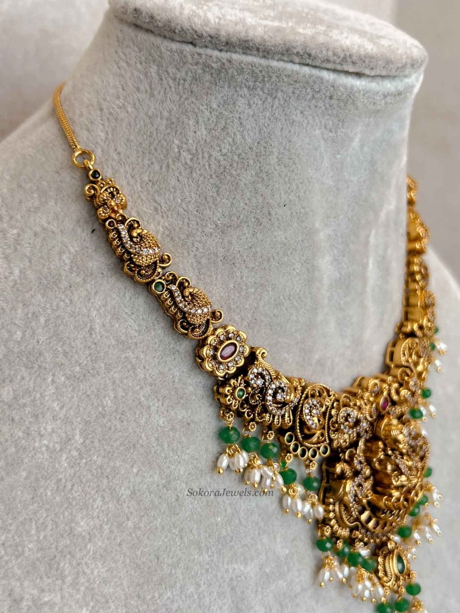 South Indian Temple Lakshmi Pendant Necklace Set - SOKORA JEWELSSouth Indian Temple Lakshmi Pendant Necklace Set