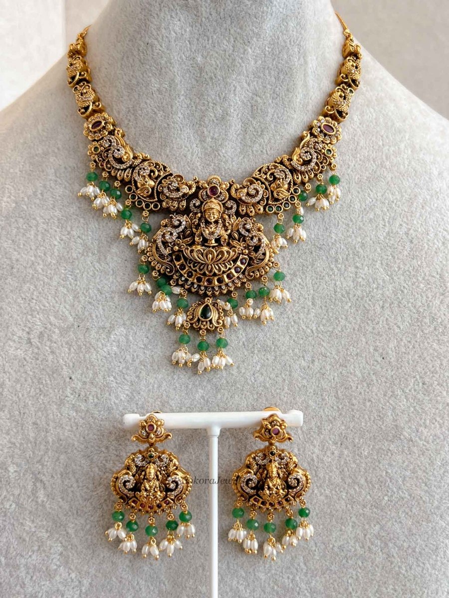 South Indian Temple Lakshmi Pendant Necklace Set - SOKORA JEWELSSouth Indian Temple Lakshmi Pendant Necklace Set