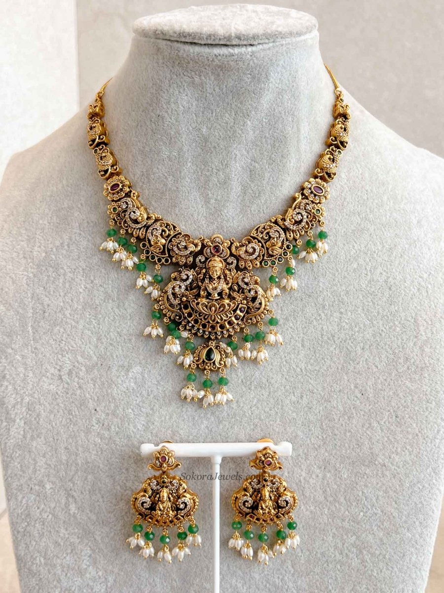 South Indian Temple Lakshmi Pendant Necklace Set - SOKORA JEWELSSouth Indian Temple Lakshmi Pendant Necklace Set