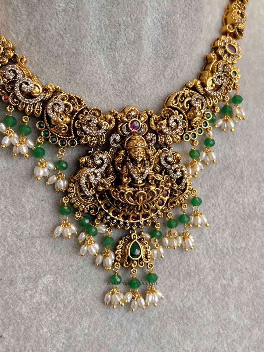 South Indian Temple Lakshmi Pendant Necklace Set - SOKORA JEWELSSouth Indian Temple Lakshmi Pendant Necklace Set