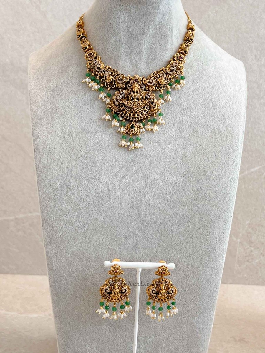 South Indian Temple Lakshmi Pendant Necklace Set - SOKORA JEWELSSouth Indian Temple Lakshmi Pendant Necklace Set