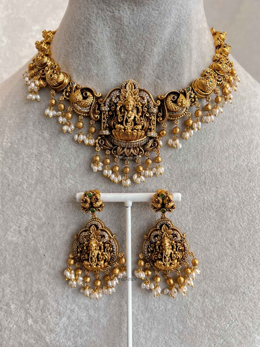 South Indian Temple Lakshmi Pendant Necklace Set with Pearls - SOKORA JEWELSSouth Indian Temple Lakshmi Pendant Necklace Set with Pearls
