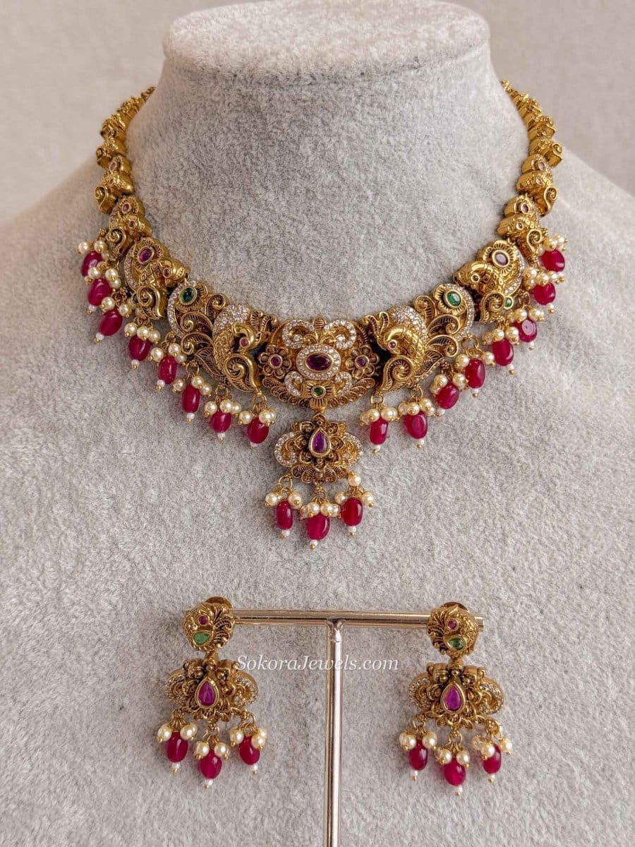 South Indian Temple Peacock Necklace Set with Ruby Beads - SOKORA JEWELSSouth Indian Temple Peacock Necklace Set with Ruby Beads