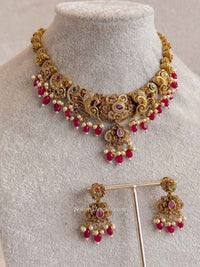 South Indian Temple Peacock Necklace Set with Ruby Beads - SOKORA JEWELSSouth Indian Temple Peacock Necklace Set with Ruby Beads