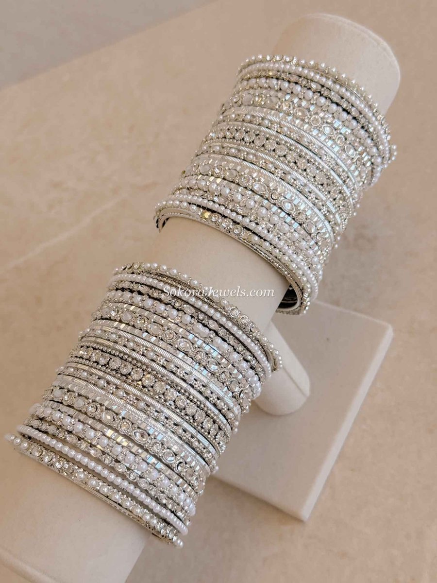 Sparkly Silver & Pearl Bangle set - SOKORA JEWELSSparkly Silver & Pearl Bangle setBANGLES