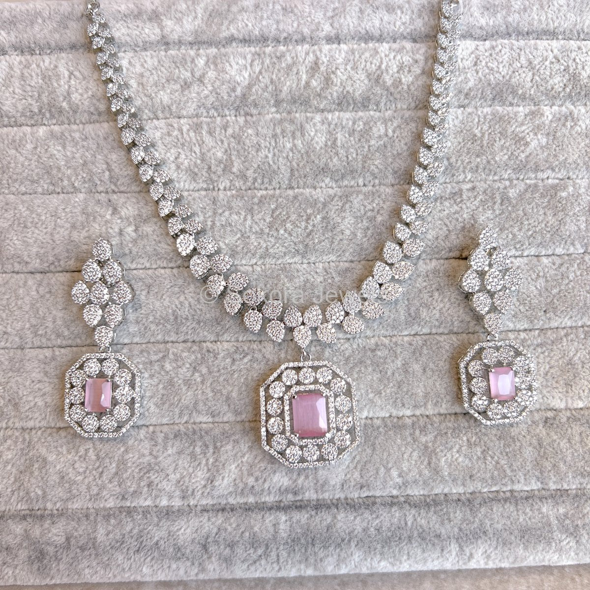 Square Drop Diamante Set - Pink - SOKORA JEWELSSquare Drop Diamante Set - PinkNECKLACE SETS