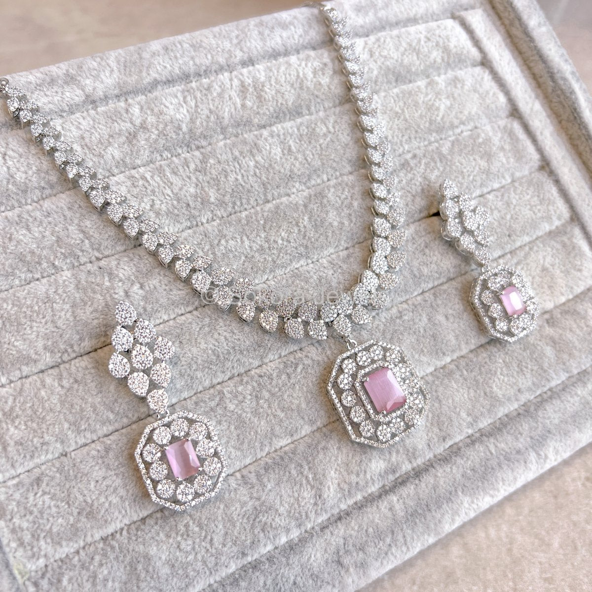 Square Drop Diamante Set - Pink - SOKORA JEWELSSquare Drop Diamante Set - PinkNECKLACE SETS