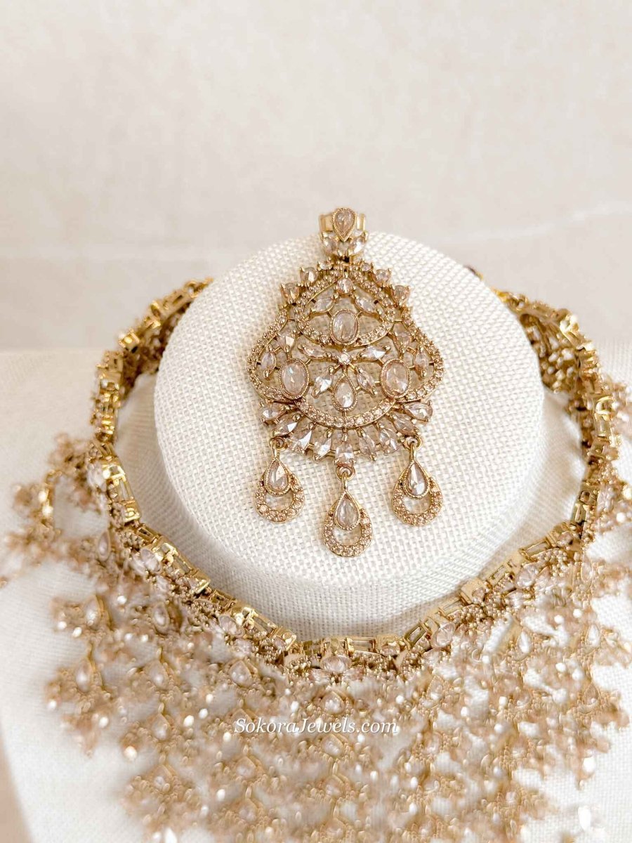 Statement American Diamond Tassel Bridal Choker Set with Golden Beads - SOKORA JEWELSStatement American Diamond Tassel Bridal Choker Set with Golden BeadsNECKLACE SETS